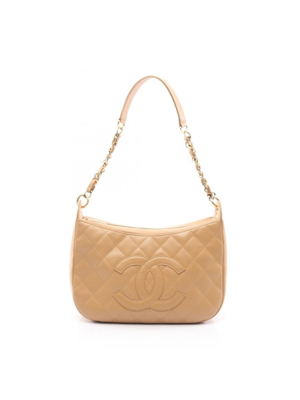 Chanel Shoulder Bag CC Logo Beige Caviar Leather Quilted CC Chang